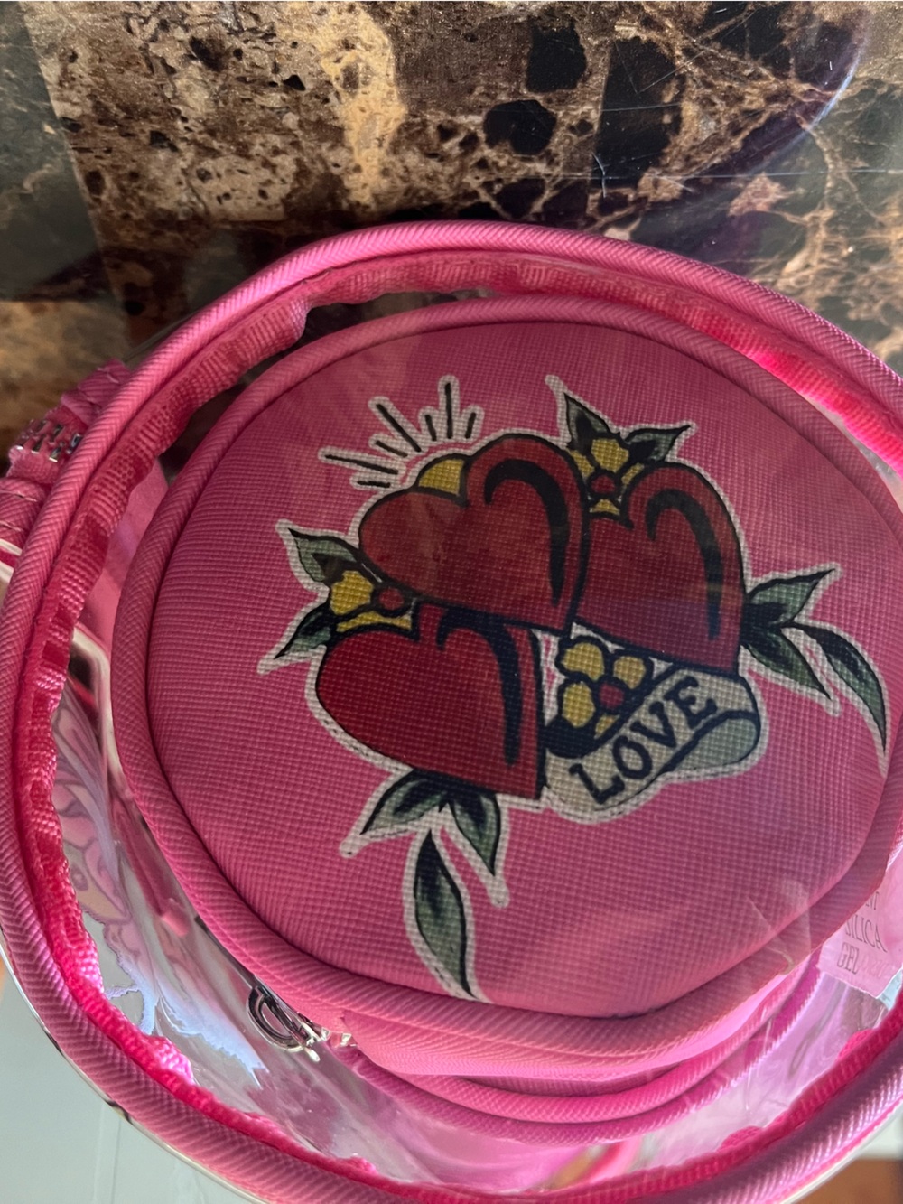 Ed Hardy Pink Barrel Tote with Skull, Rose & Butterfly Graphics 3 piece set. - Picture 4 of 5